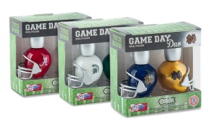 Pictured here are Alabama, Michigan State, and Notre Dame. And did I tell you they come in football helmet bottles?