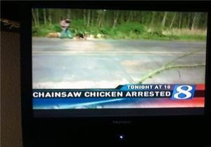 So you don't have to worry about a chainsaw wielding chicken murdering you anymore over your diet of poultry and eggs. He's now in police custody as we speak.