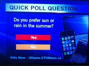 Sorry, but that's no way to conduct a poll. Sun or rain should be the answers not yes or no. Because it's not a yes or no question. Get a grip, Canada.