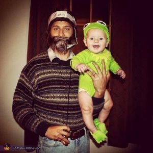 Well, this is a father-child Jim Henson and Kermit the Frog costume. This Jim is wearing a sweater over a collar shirt. So adorable.