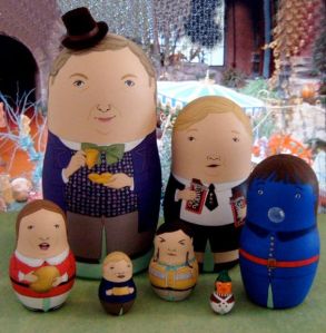 Includes Willy Wonka, Charlie, the 4 brats, and an Oompah-Loompah. Great for inducing nightmares from children.