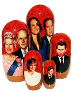 Consists of Will and Kate, Elizabeth II and Philip, Charles, Diana, and Harry. All in a red background.