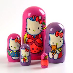 Each is depicted in a shade of pink and purple. Each features Hello Kitty in a different outfit.