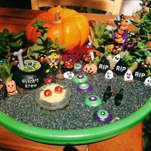 Seems like this person got a little creative with this miniature garden. I mean there's a pumpkin with some painted gravestones and an eyeball trail. The cauldron looks perfect for a witch's lair.