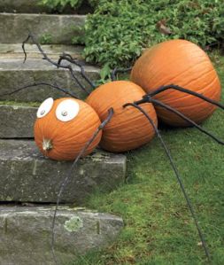 This consists of 3 pumpkins and 8 twigs for each leg. Oh, and eyes. Makes a great lawn decoration.