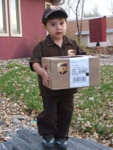 He'll probably go trick or treating or deliver the package while you're at work. Nevertheless, so cute.