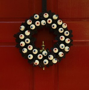 To be fair, I put up an eyeball wreath last year. But this one is a different design and has bloodshot ones on as well.