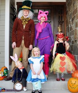 Another family costume theme. There's the Mad Hatter, the Cheshire Cat, the Queen of Hearts, Alice, and the White Rabbit.