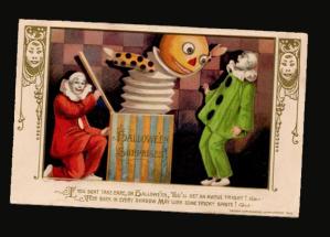 And it seems the clown is freaked out by the pumpkin jack-in-a-box as I am. Hope he comes out alive but I doubt it.