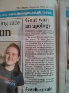 What makes me scratch my head more when reading this isn't the corrections. It's why this newspaper had a goat war article in the first place. Because that seems more or less inspired by an acid trip to me.