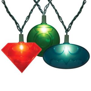 Each one is in a different color. Superman's is red. The Green Lantern's is green. And Batman's is blue.