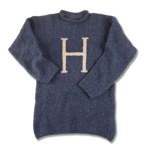 Each Weasley sweater has a color with the wearer's first initial. Harry's is blue. Ron's is maroon.
