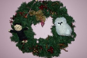 This one includes Hedwig, Harry, and a wand. And all are added in what would've been an otherwise normal Christmas wreath.