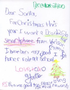 Judging from the crayon, I think she might be a bit young for a smart phone. But at least she keeps her brother in mind.