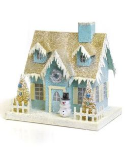 This one has a gold glitter roof and white icicles. Love the little snowman in front, too.
