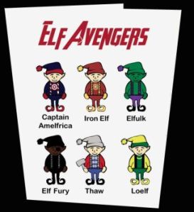 This one has the Avengers and Loki in elf hats. Still, you have to admit that this is cute.