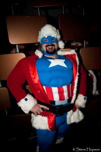 This is Captain America as Santa Claus. Notice how he has great abs and a red suit.