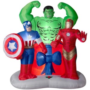 This inflatable has Captain America, the Hulk, And Iron Man. And they surround a large present. Guess they all pitched in to get something for Black Widow.