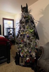 This one has the Batman cowl on it with other decorations. All in all, it's an intimidating tree.