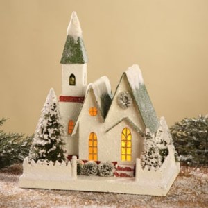 This one has a warm glow through the windows. And it doesn't use a lot of snow on the roofs.