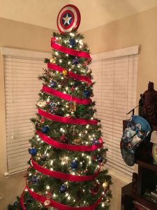 Don't forget to put the shield on top, too. Also, include blue ornaments for a more patriotic flair.