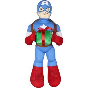 And here he is holding a present with 2 hands. He's carrying his shield behind him by the way.