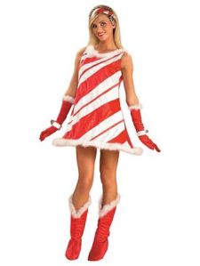 That's because she's dressed like a candy cane. You know the red and white stripes scheme.