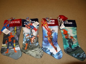 Includes Spider Man, Captain America, Iron Man, and Thor. And each of them come with a plush figure.