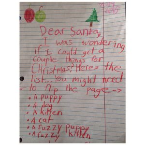 Note: When a letter to Santa says, "Flip page" you can tell it's not just a couple of things. Yeah, kid has a long list.