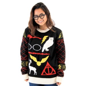 Yes, there are a lot of Harry Potter ugly Christmas sweaters out there. This one has the basic symbols covered.