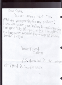 This one asks what Santa is giving his sisters, whether his friend is on nice list and what Santa does with the gifts he can't fit in his sleigh. Also, how tall are elves.