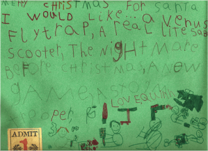 Okay, other than the Venus Flytrap bit, the letter is mostly normal. However, you have to wonder about this kid when you see the illustrations.