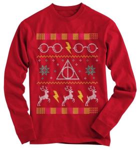 You can understand there aren't a lot of limits to how many Harry Potter ugly sweaters there are. But this one is in a rich red with the Deathly Hallows mark.