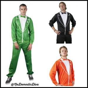 From Divine Secrets of A Domestic Diva: "Do you have a guy in your life that never wants to sacrifice comfort for fashion? Does he prefer sweats to suits and you just want to see him get a little dressier from time to time? Well, wait no longer because compromise has never been more comfortable with the Traxedo! That’s right, the Traxedo is the offspring of combining the dressy look of a tux and the comfort of a track suit! Available in powder blue, red, black, green and orange!"