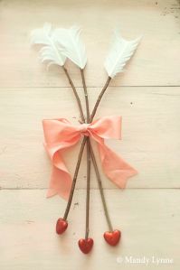 Now these look quite easy to make. Just have feathers, twigs, ribbon, and red hearts.
