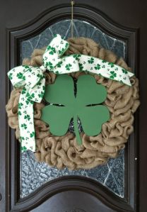 If you like wreaths and don't care for the fancy stuff, this is for you. Just consists of a burlap wreath, a shamrock ribbon, and a wooden 4-leaf clover.