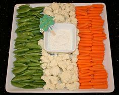 This one is of the flag of Ireland including green beans, cauliflower, and carrots. Has the white dip in the middle.