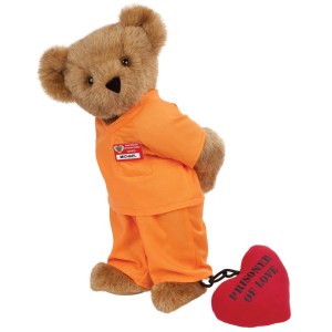 Comes with a heart and chain. Of course, this bear has to wear bright orange as modern prisoners do.