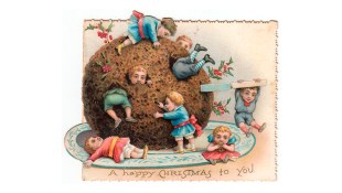 Children with large pudding on a Christmas card