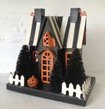 Spooky-Halloween-Putz-House-Cardboard-W-Black-Bottle-Brush