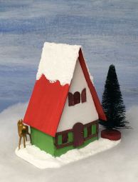 Side-Swiss-Chalet-Christmas-Putz-house-with-deer-peeking-around-corner